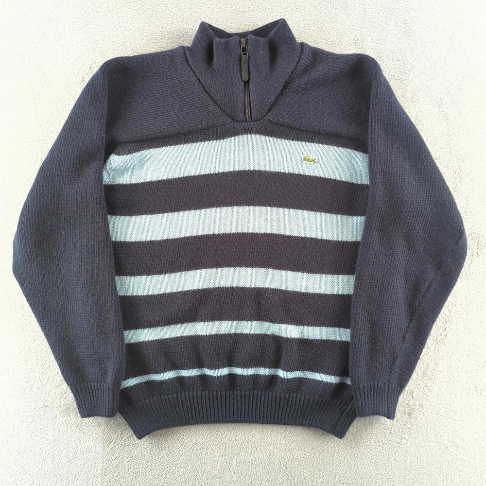 Vintage Lacoste Sweater Mens Large Navy Blue Striped Wool Blend Made‎ in France